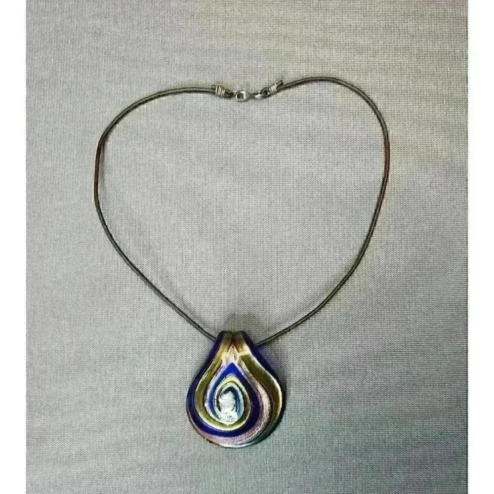 Dichroic Glass Art Glass Pendant Brown Leather Cord Necklace 925 Sterling Clasp - Picture 3 of 4